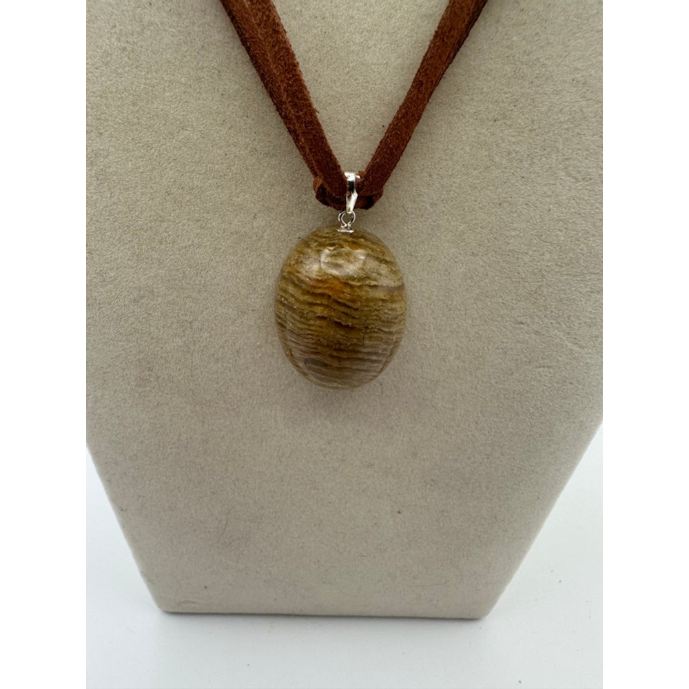 Oval Thousand Layer Garden Quartz Pendant Necklace on Brown Faux Suede - Picture 4 of 10